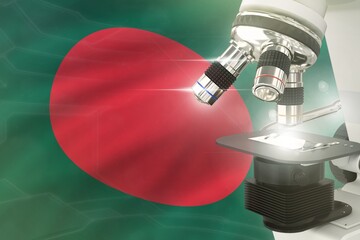 Wall Mural - Bangladesh science development concept - microscope on flag background. Research in pharmaceutical industry or microbiology 3D illustration of object