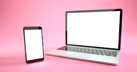 Wall Mural - full screen smartphone and laptop mockup design. digital device set