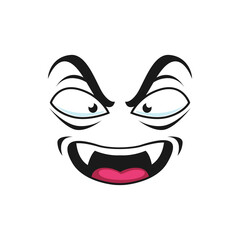 Wall Mural - Smiley Halloween demon, cheerful spooky creature head isolated icon. Vector angry emoticon vampire with fangs teeth and open mouth. Emoji cute comic dracula, monster with emotion of evil and fear