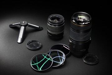 camera lens on black background