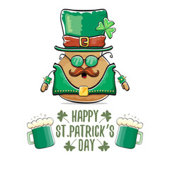 Happy Saint Patricks day greeting card with funky leprechaun rock star potato character with green particks hat and beer isolated on white background. Rock n roll hipster vegetable funky character