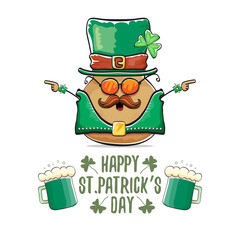 Happy Saint Patricks day greeting card with funky leprechaun rock star potato character with green particks hat and beer isolated on white background. Rock n roll hipster vegetable funky character