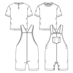 Wall Mural - Baby Boys 2 Pieces Set fashion flat sketch template. Technical Fashion Illustration. Knit Overall and Short Sleeves Tee Shirt 