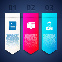 Sticker - Set Phone book, Certificate template and Man with headset. Business infographic template. Vector.