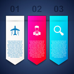 Sticker - Set Plane, Scientist and test tube and Magnifying glass. Business infographic template. Vector.