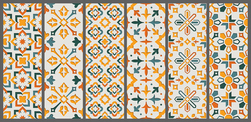 Set arabic oriental ornamental floral geometric arabesque seamless pattern. East motif paper style background vector illustration