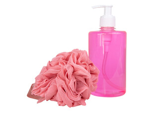 Pink liquid soap bottle and sponge for shower isolated on the white background