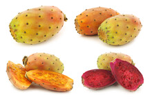 Fresh Colorful Cactus Fruits And Some Cut Ones On A White Background