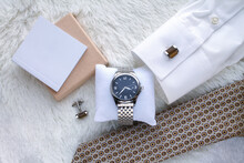 Flat Lay With Men's Luxury Wrist Watch, Tie, Shirt And Cufflinks