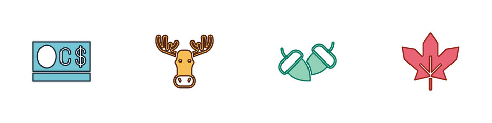 Sticker - Set Canadian dollar, Moose head with horns, Acorn and maple leaf icon. Vector.