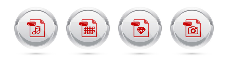 Set line WAV file document, PNG, RUBY and RAW. Silver circle button. Vector.