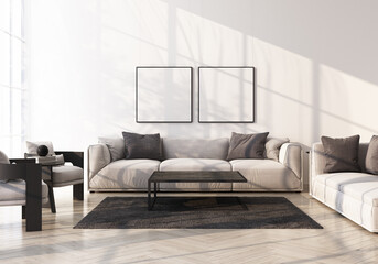 Wall Mural - Gray sofa with armchair on wooden floor in white room 3d rendering