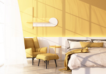 Wall Mural - yellow armchair and bed on wooden floor Light shines through the window and shadows fall on it. with yellow wall and sheer 3d rendering