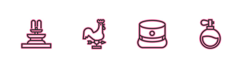 Sticker - Set line Fountain, Kepi, Rooster weather vane and Perfume icon. Vector.