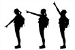 © Yurii - Set of three silhouettes - girl, woman, climber, tourist, rock-climber with a backpack on a back, with a hat on the head - side view, profile. Tourist shows the direction a hand up, forward, down.