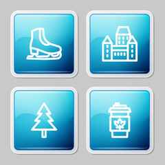 Poster - Set line Skates, Chateau Frontenac hotel, Christmas tree and Coffee cup to go icon. Vector.