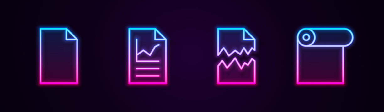 Set line Empty document, Document with graph chart, Torn and Roll of paper. Glowing neon icon. Vector.
