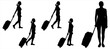 © Yurii - Set of five silhouettes of women with luggage on wheels. Female silhouette with hair on head tied back in the tail. Girl travels with baggage. Woman with a big bag. Side view, profile, full face.