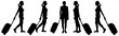 © Yurii - Set of five silhouettes of women with luggage on wheels. Female silhouette with hair on head tied back in the tail. Girl travels with baggage. Woman with a big bag. Side view, profile, full face.
