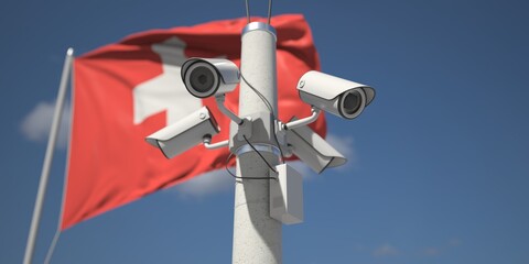 Outdoor security cameras near flag of Switzerland. 3d rendering