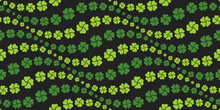 Seamless Pattern. Tiled Green Shamrock Images. Light Green Heart Shapes With Black Background. Wavy Texture. Graphic Pattern For Fabric, Textile, Wallpaper, Packaging, Gift.