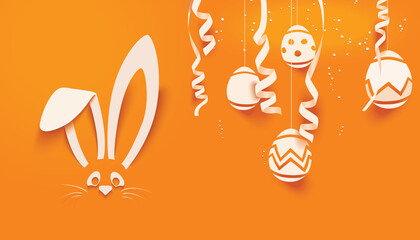 Wall Mural - Easter Bunny card in paper cut style with confetti and eggs for seasonal Easter holidays greetings and invitations cards,vector illustration