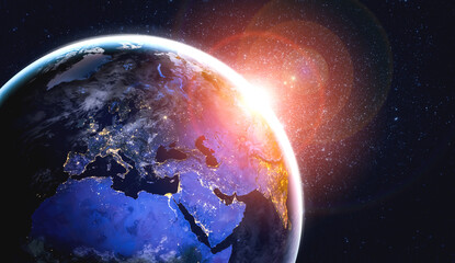 Wall Mural - Planet earth globe view from space showing realistic earth surface and world map as in outer space point of view . Elements of this image furnished by NASA planet earth from space photos.