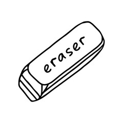 Wall Mural - Hand-draw black vector illustration of eraser rubber item with lettering Eraser isolated on a white background