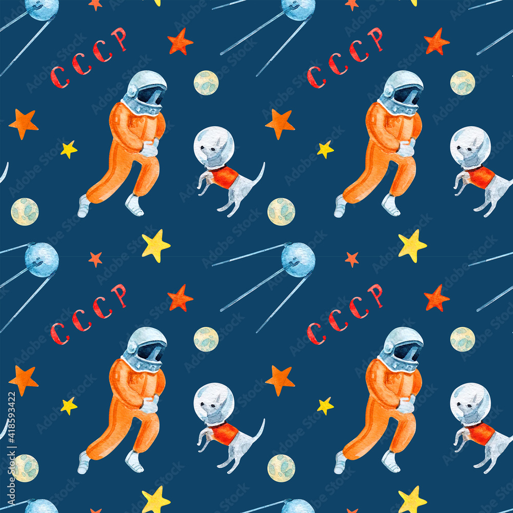 International Day of Human Space Flight. Watercolor seamless pattern. Soviet Cosmonautics - obrazy, fototapety, plakaty 