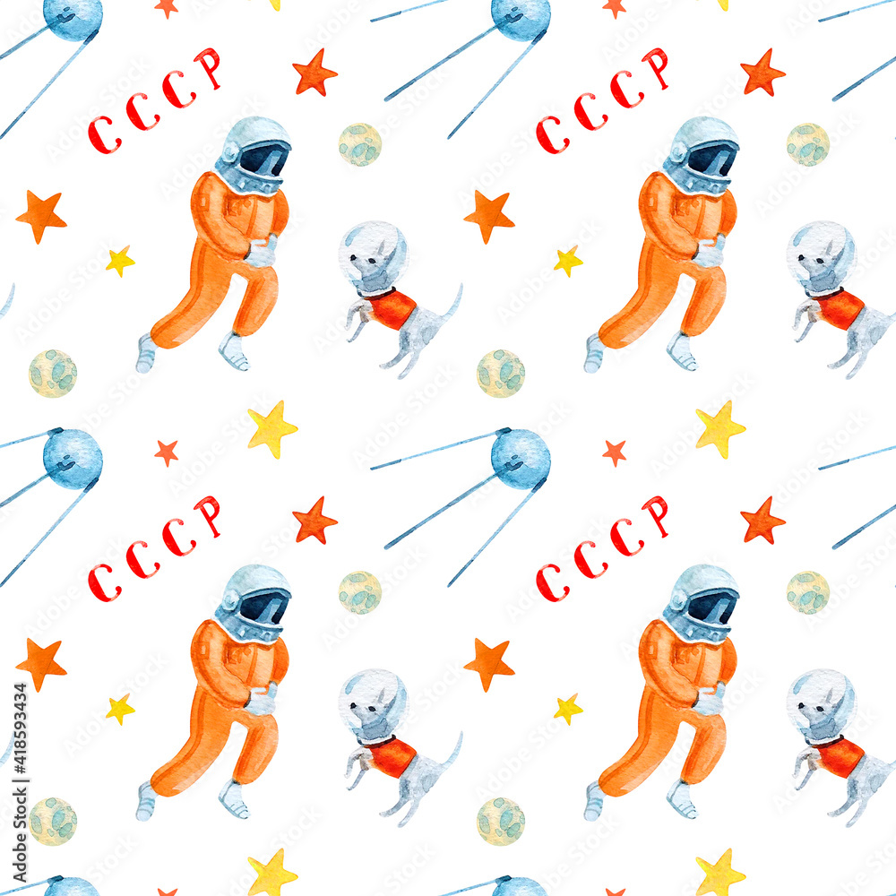 International Day of Human Space Flight. Watercolor seamless pattern. Soviet Cosmonautics - obrazy, fototapety, plakaty 