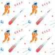 International Day of Human Space Flight. Watercolor seamless pattern. Soviet Cosmonautics