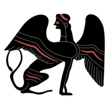 Ancient Greek Sphinx. Fantastic Female Winged Cat Woman. Vase Painting Style. Antique Mythological Creature. Monochrome Silhouette.