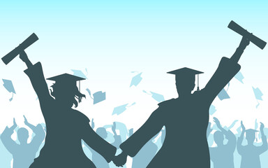 Wall Mural - Graduates girl and guy hold hands with diploma on background of cheerful crowd of graduates throwing their academic square caps. Graduation ceremony. Vector illustration