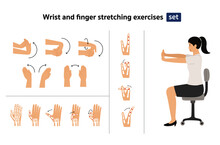 Wrist And Finger Stretching Exercises Set, Woman Sit On Chair Doing Self Stretching Exercise Cartoon