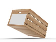 Wooden Crate With Blank Paper Label. 3d Render Illustration. 