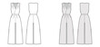 Playsuit romper overall jumpsuit technical fashion illustration with full length, normal waist, high rise, pockets, single pleat. Flat front back, white, grey color style. Women, men unisex CAD mockup