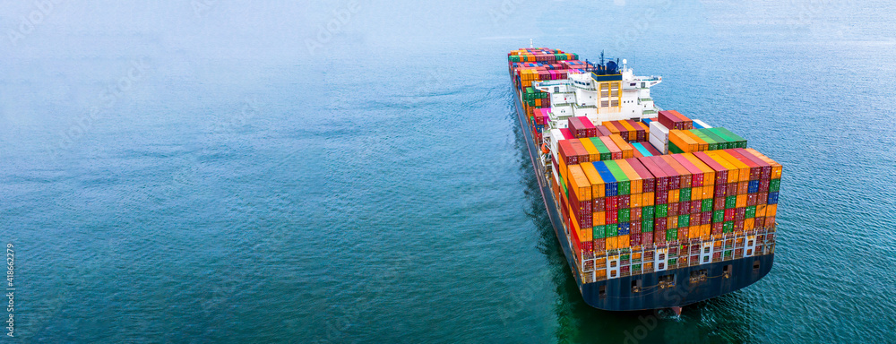 Aerial view container ship carrying container box global business cargo ...