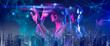 © DIgilife - Future digital technology metaverse game and entertainment, Teenager having fun play VR virtual reality goggle, sport game 3D cyber space futuristic neon colorful background,