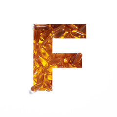 Wall Mural - Omega supplement. Letter F of alphabet of oil fish pills and paper cut isolated on white. Golden typeface for pharmacy