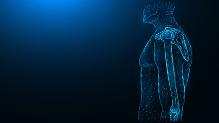 Human anatomical model, shoulder and elbow joints side view polygonal illustration on a blue background.