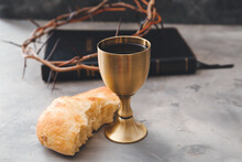 Chalice Of Wine And Bread On Grunge Background