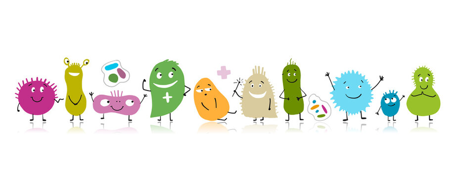 Fototapete -  - Funny and scary bacteria characters isolated on white. Vector icons of gut and intestinal flora, germs, virus.