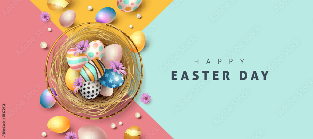 Easter greeting card background with colored easter eggs.  - obrazy, fototapety, plakaty 