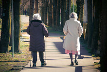Two Senior Women Walking In The Park, Back View Of Old Ladies Doing Healty Activity Outdoor