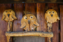 Funny Wooden Owls In The Park For Children.