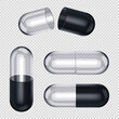 Empty pill capsules isolated on transparent background. Vector realistic mockup of medical capsule pill.