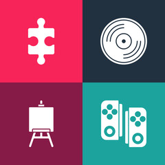 Poster - Set pop art Gamepad, Easel or painting art boards, Vinyl disk and Piece of puzzle icon. Vector.