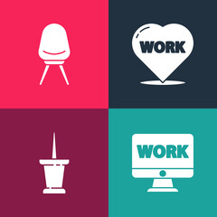 Sticker - Set pop art Monitor with text work, Push pin, Heart and Office chair icon. Vector.