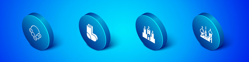 Sticker - Set Isometric Russian bagels, Church building, Saint Basil's Cathedral and Valenki icon. Vector.