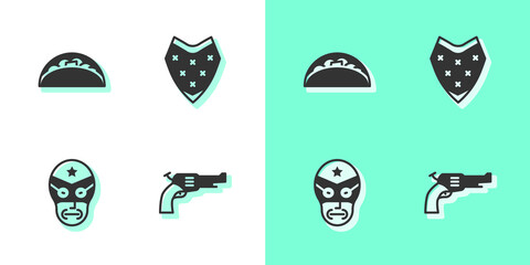 Sticker - Set Revolver gun, Taco with tortilla, Mexican wrestler and Poncho icon. Vector.